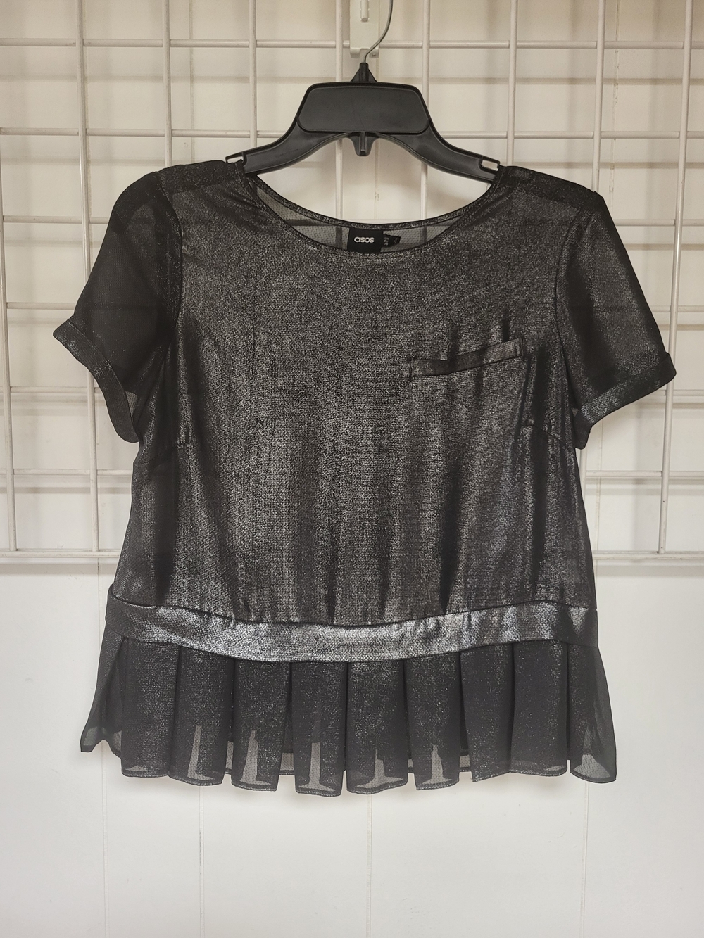 ASOS Black Metallic Sheer Peplum Short Sleeve Top, Size 6
